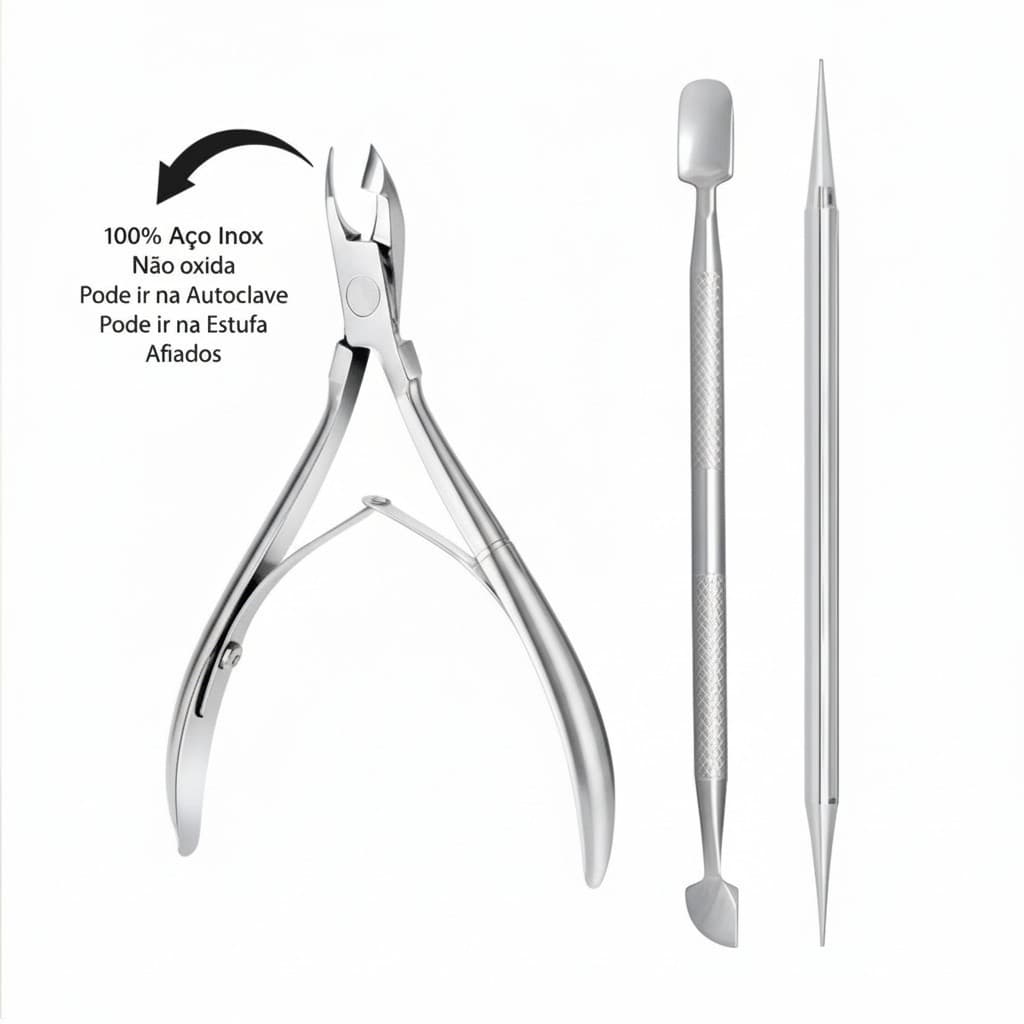 Kit Cutelaria Alicate Aço Inox Manicure Cutícula + Palito Ponta Dupla Aço Inox + Espátula Dupla