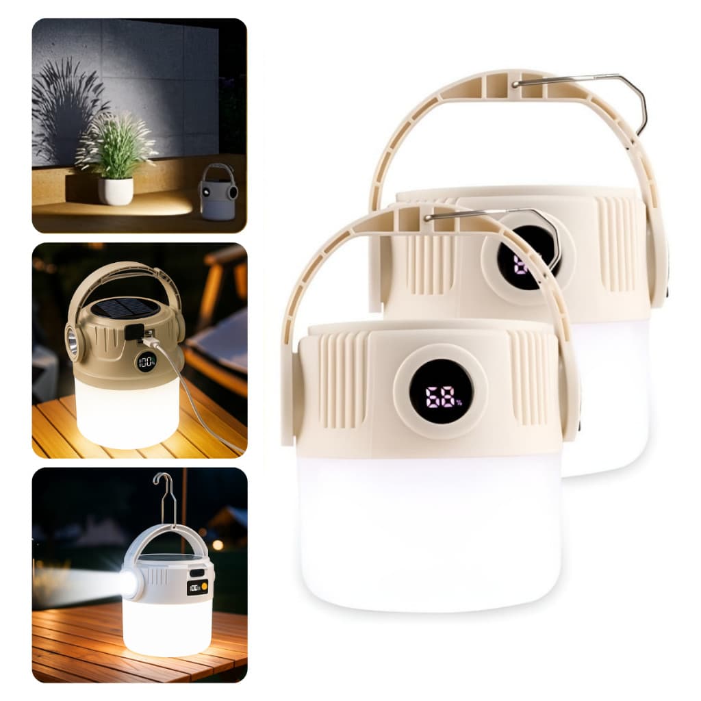 2 Lâmpadas de Acampamento LED Recarregável USB Lanterna Portátil Pescaria Display Digital