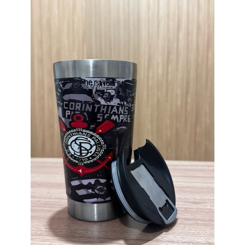 copo térmico inox 473ml personalizado com tampa e abridor times do corintians