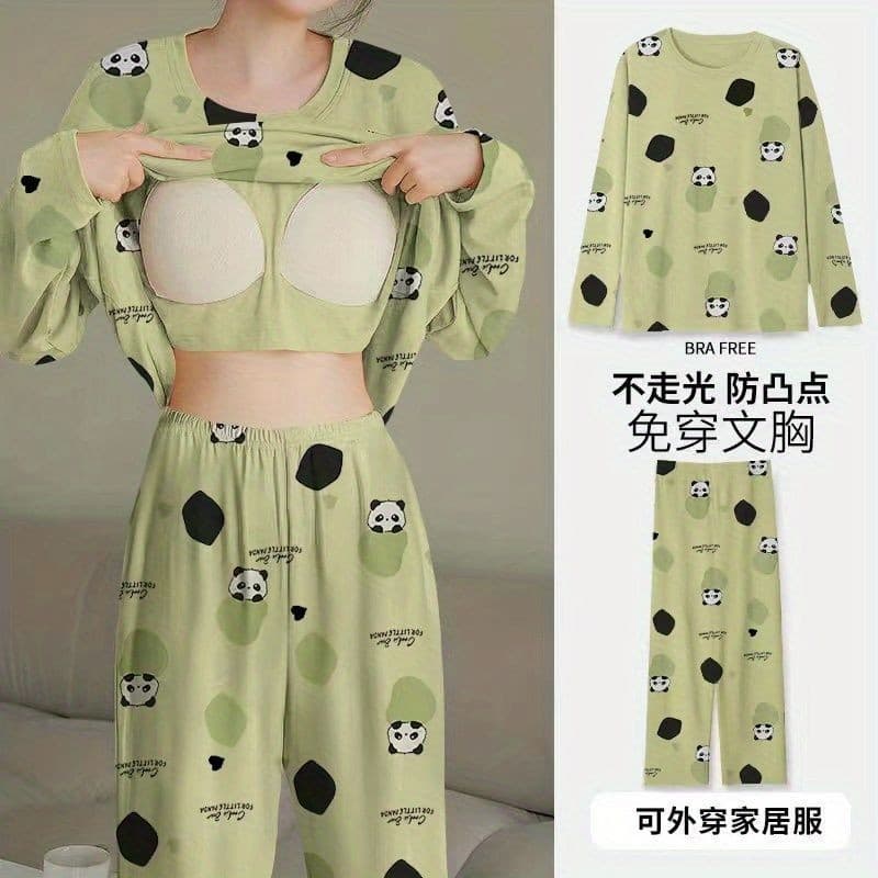 Temporada terno de duas peças com almofada no peito pijamas de uma peça feminino primavera outono estilo exterior Wear e
