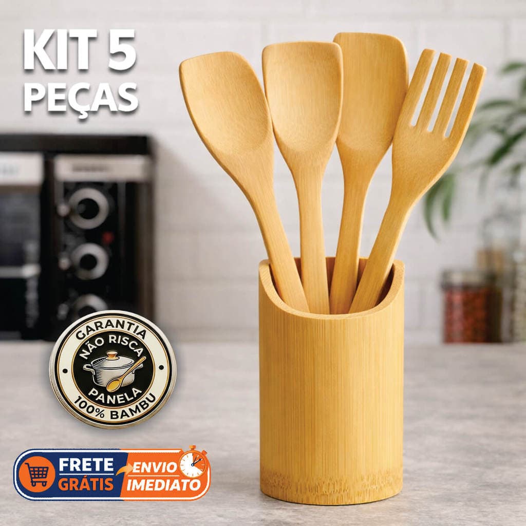 Kit 5 Utensílios de Bambu Colher de Pau Cozinha + Espátula Garfo Suporte Resistente Anti Fungos