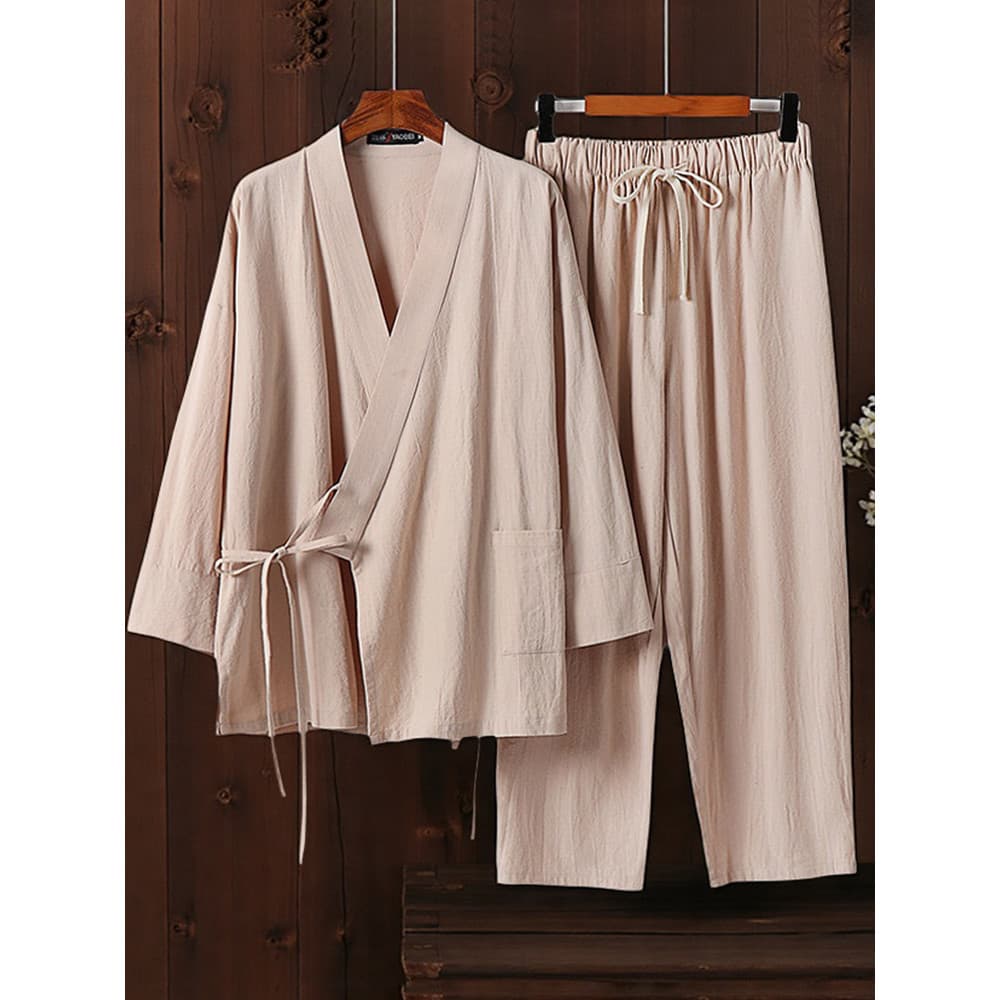 Terno de linho de algodão masculino Sauna roupas lavar Yu roupas suor vapor roupas taoísta Robe pijamas puro algodão mas