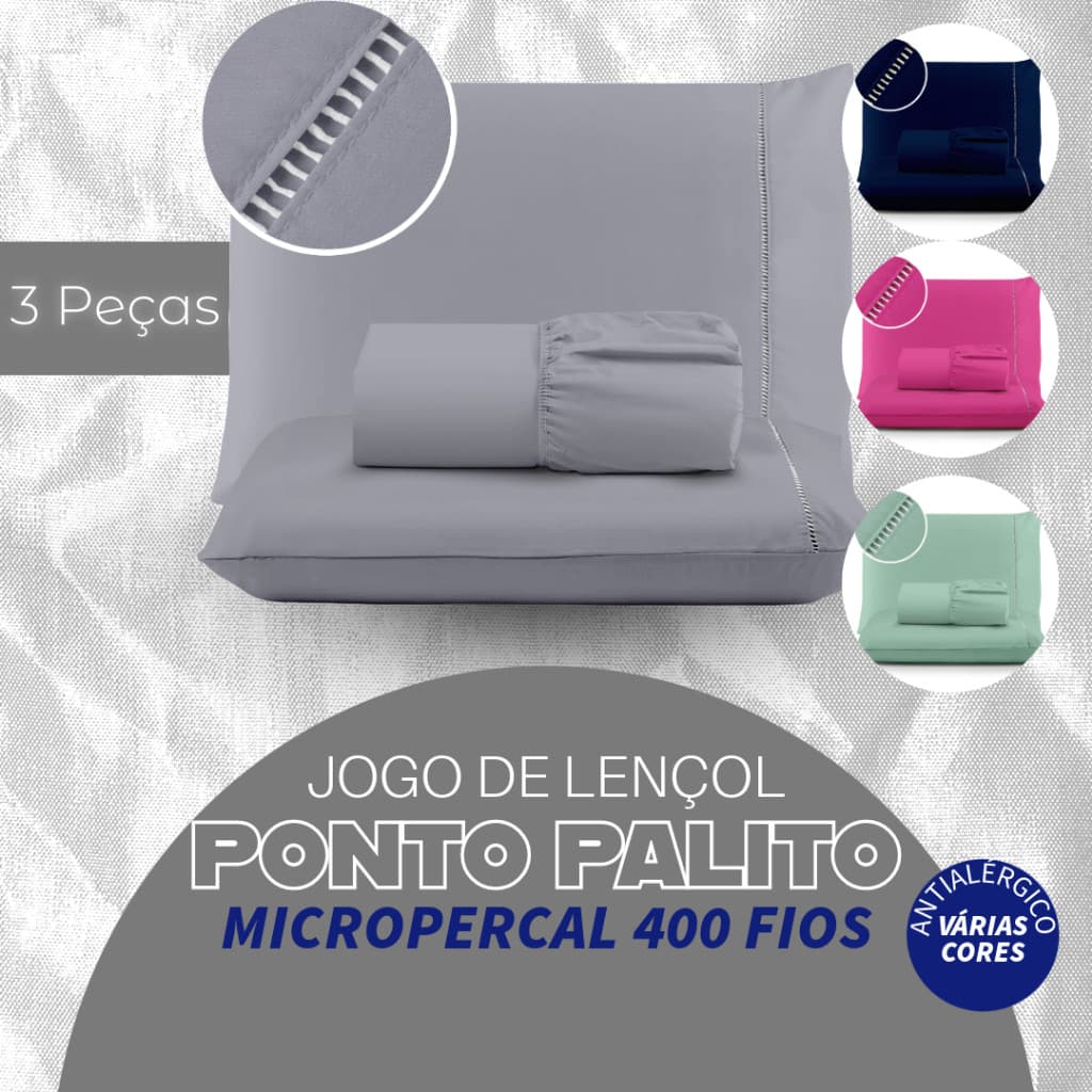 Jogo De Lencol Queen 03 Pecas Micropercal 400 Fios Macio - Lençol com elástico + Fronha Ponto Palito