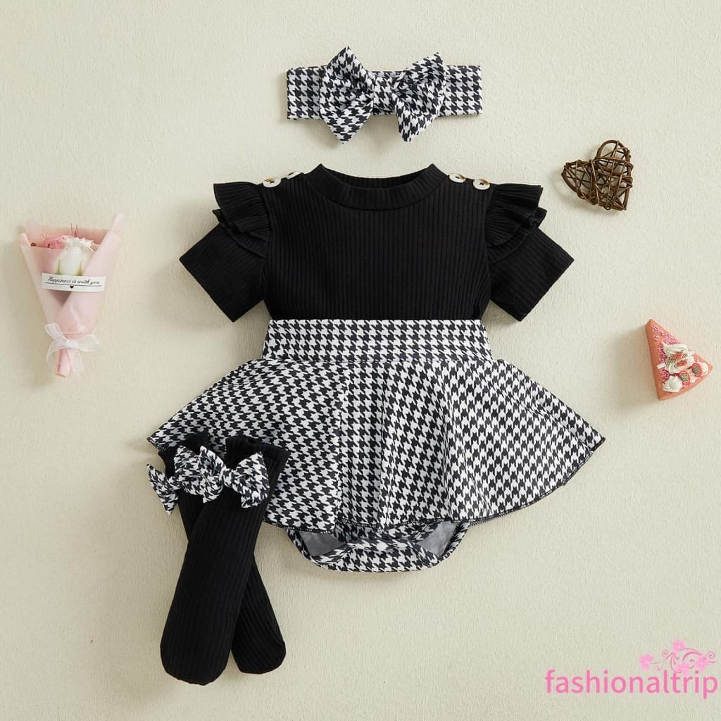 Macacão Canelado De Manga Curta Houndstooth Para Bebês Meninas Com Faixa De Cabeça E Meias Conjunto De 3 Peças