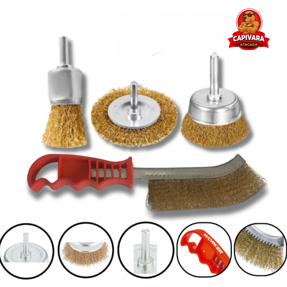 Jogo Escova de Aço Circular Kit c/4 Pçs Haste 6mm Aço Latonado Cabo Manual Furadeira Retifica