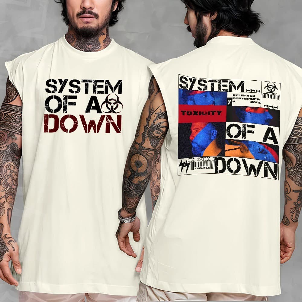 Camiseta regata machao oversized banda system of a down Toxicity world tour em algodao Longline