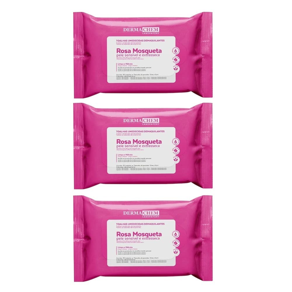 Dermachem Kit 3un - Toalhas Umedecidas Demaquilantes Rosa Mosqueta 25un cada