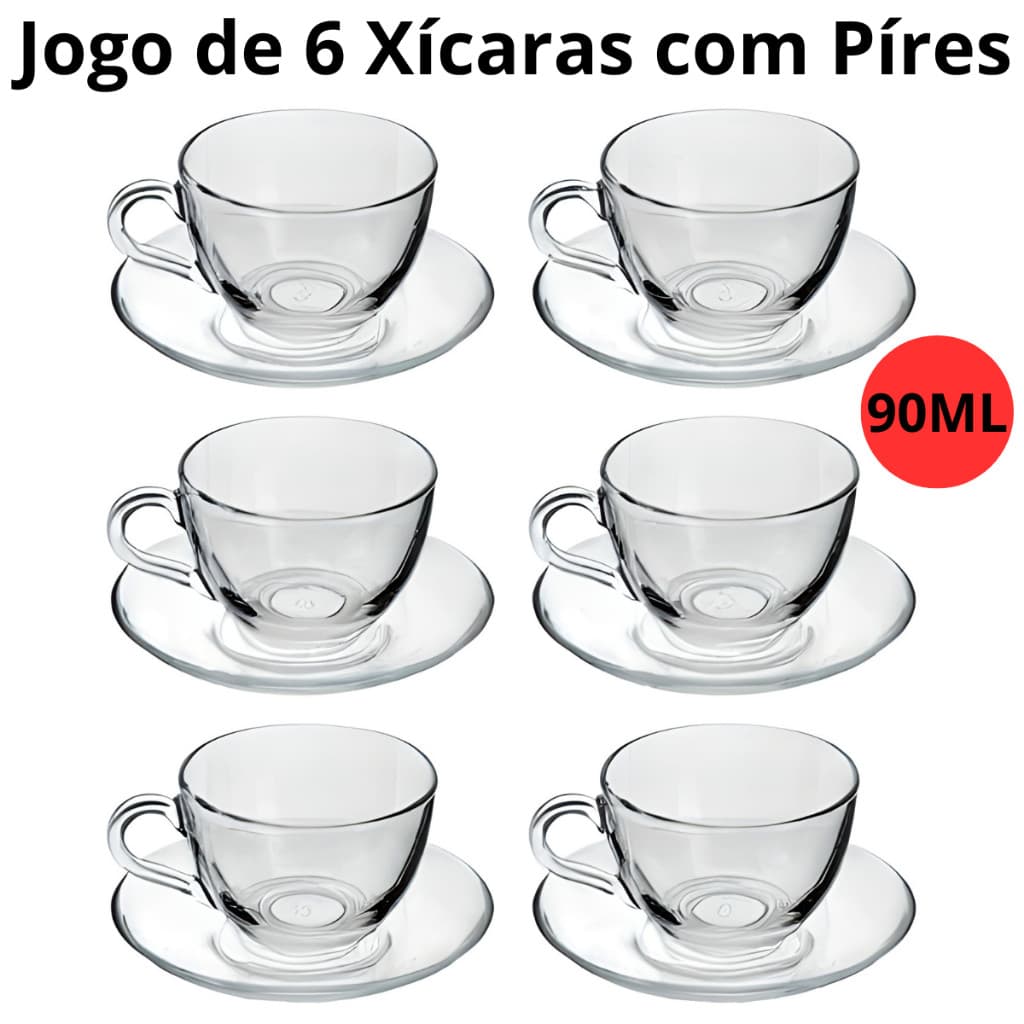 Jogo Xícaras Café Com Pires Chá 12 Peças Vidro Incolor 90ml Para Café Expresso