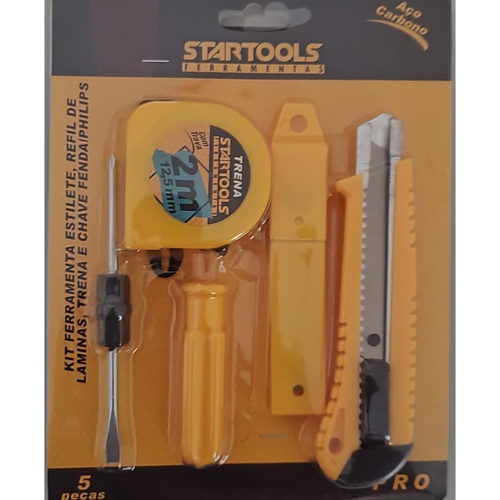 Kit Ferramentas  5 peças Startools (Estilete, Refil de Lâminas, Trena e chave de fenda/ Philips)Brinde Necessaire