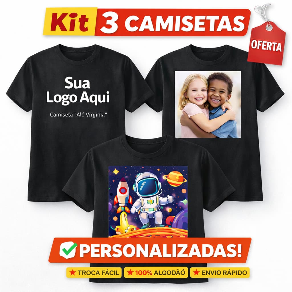 Kit 3 Camisetas camisata Personalizadas Conjunto Casal Sua Logo Aqui 100% Algodão