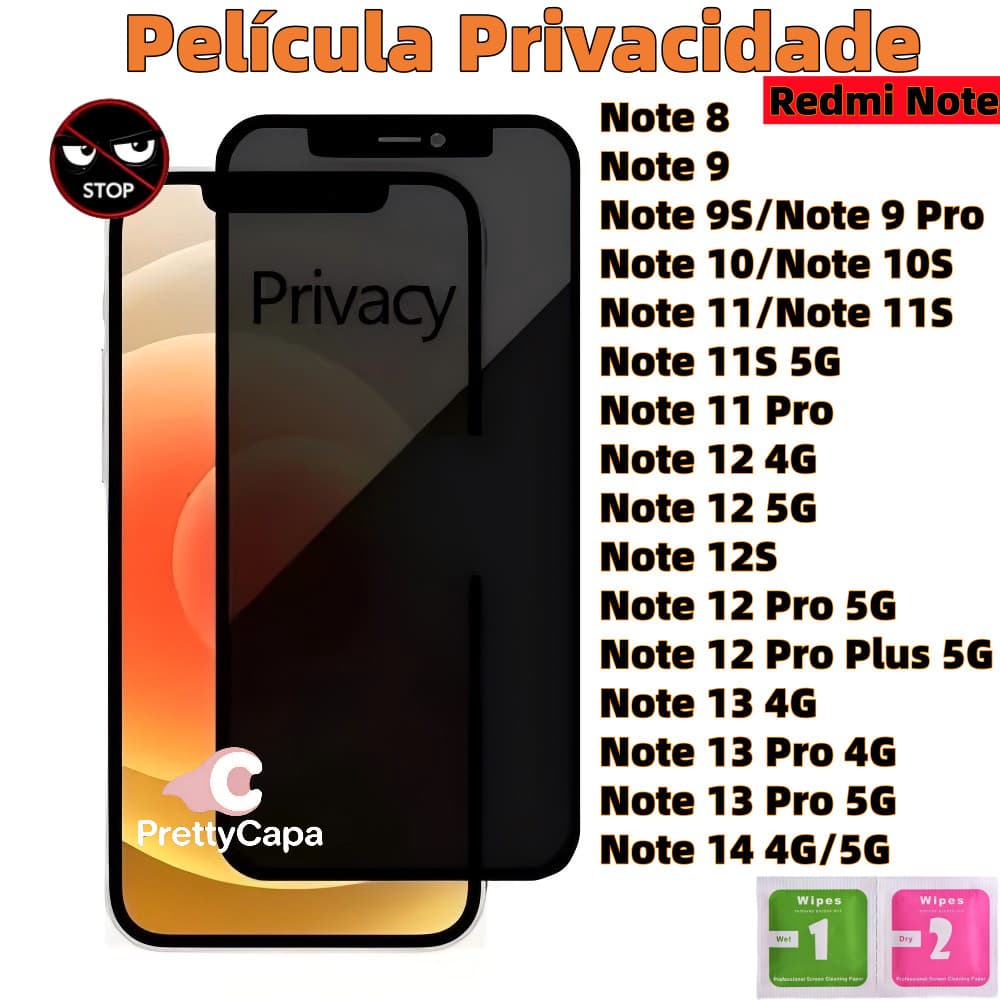 Película Privacidade Vidro Temperado Anti Spy Para Xiaomi Redmi Note 15 14 13 12 11 8 12S 9 10 10S 11S 9S Pro Plus 4G 5G