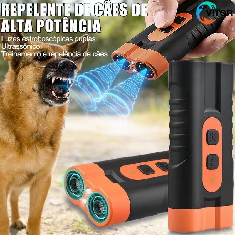 Repelente Ultrassônico para Cães Duplo Emissor Portátil Anti Latidos com LED Controle de Pets Leve e Fácil de Usar VITOR