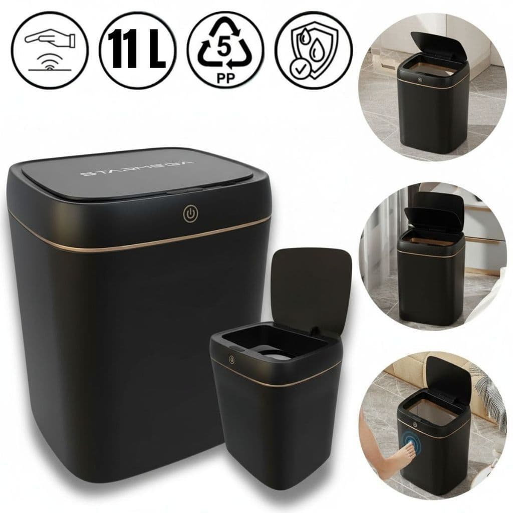Lixeira Inteligente 11L Sensor Detalhe Dourado Branco Preto Moderna Fácil Limpeza Sem Fios