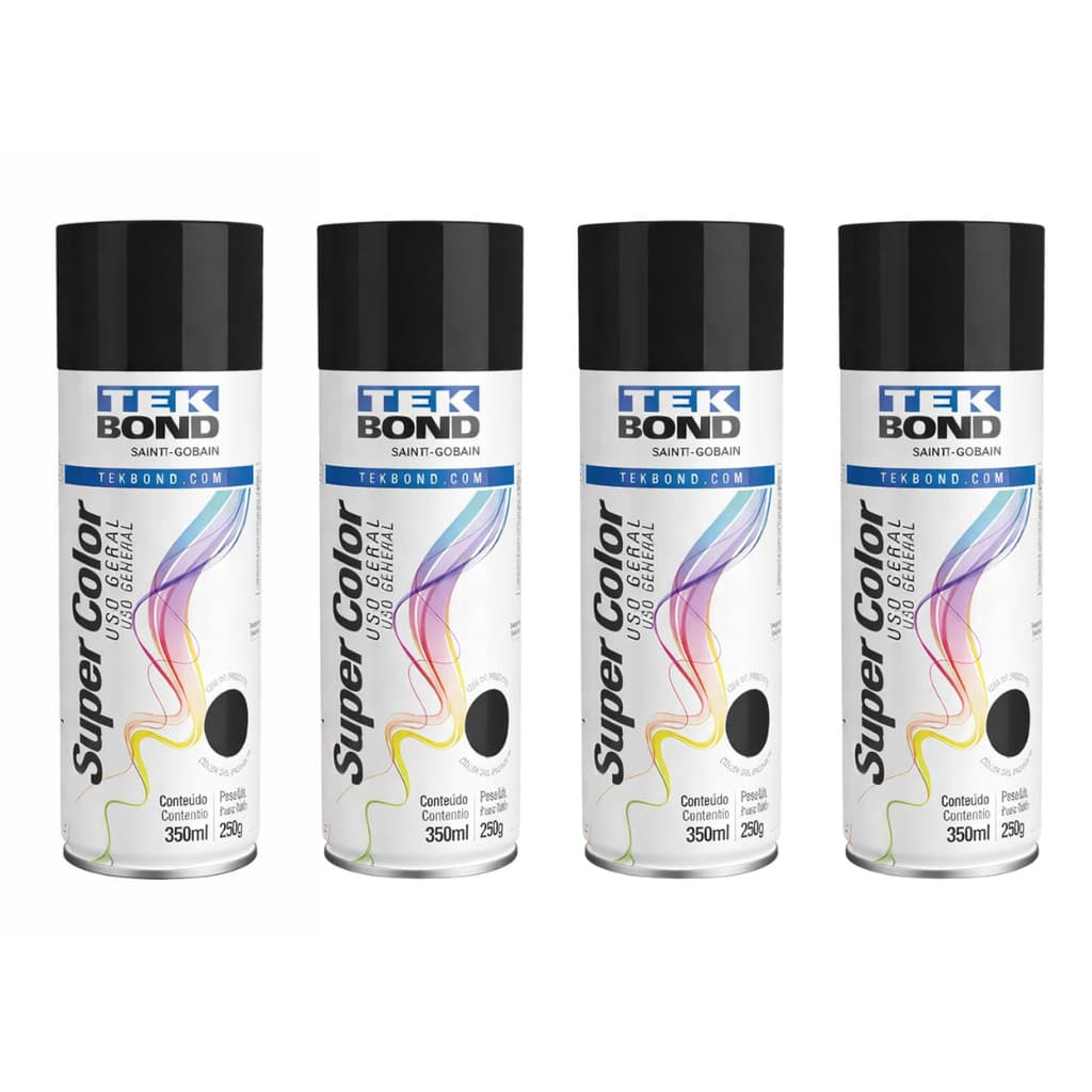 Kit 4 Tintas Spray Preto Brilhante Tekbond Uso Geral 350ml 250g