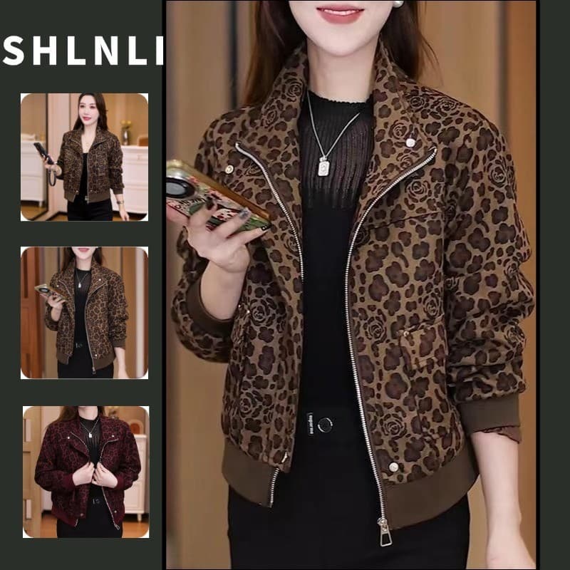 Mulheres Leopardo Impressão Suporte Colarinho Curto Motociclista Jaqueta Zíper Retro Primavera Verão Outerwear