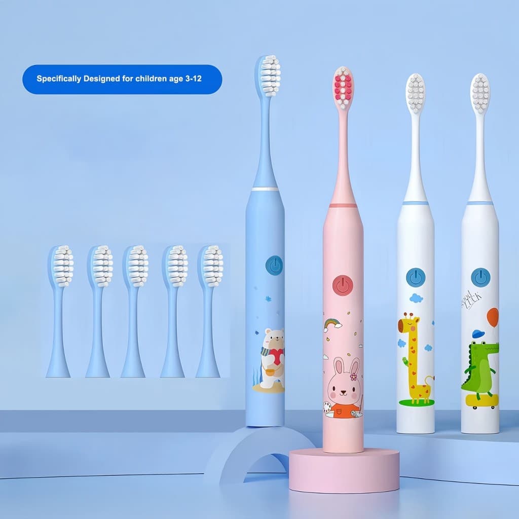 Escova de Dentes Elétrica Infantil Recarregável Bivolt USB + 4 Refis 500mAh 22cm Ultra Macia P.QIU