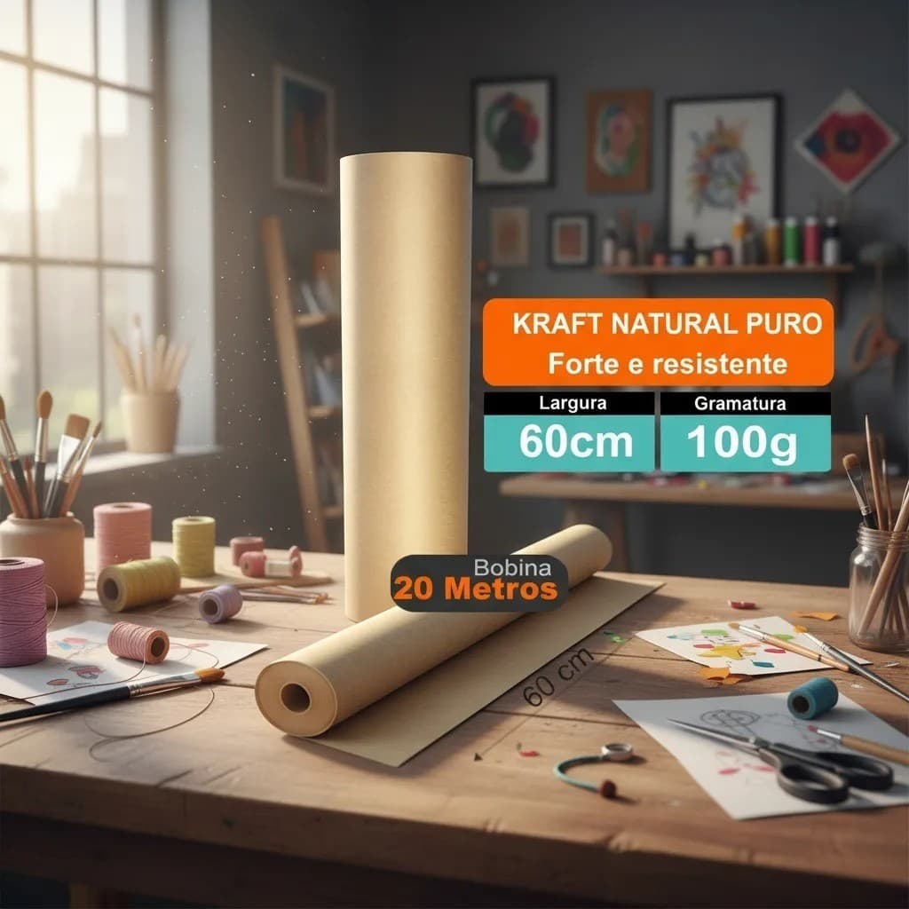 Papel Kraft Natural Puro 100g/m2 X 60cm Bobina Com 20 Metros Embalagem Artes Modelagem Sacolas