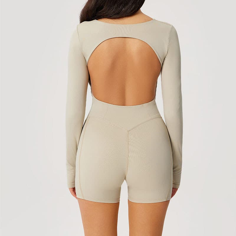 SHAMZU Shorts Sem Costas Yoga Macacão Feminino De Manga Comprida Esportivo E Fitness Com Almofada No Peito