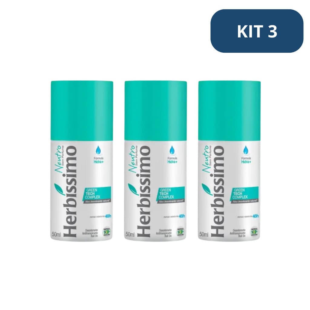 Kit 3 Desodorante Roll on Herbíssimo Neutro 55g Protege 48HR