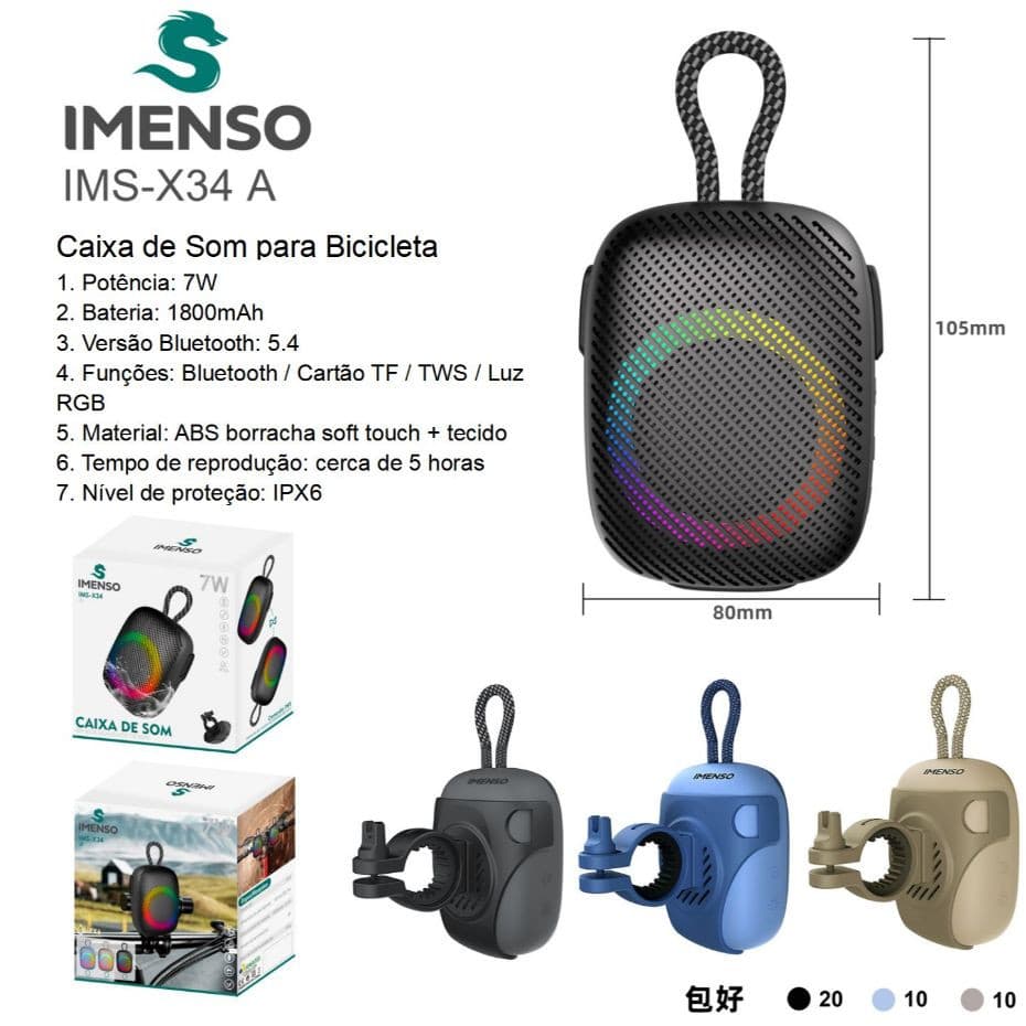 Caixa de som Imenso com suporte para Bicicleta/Moto Conexão TWS IMS-X34 IPX6