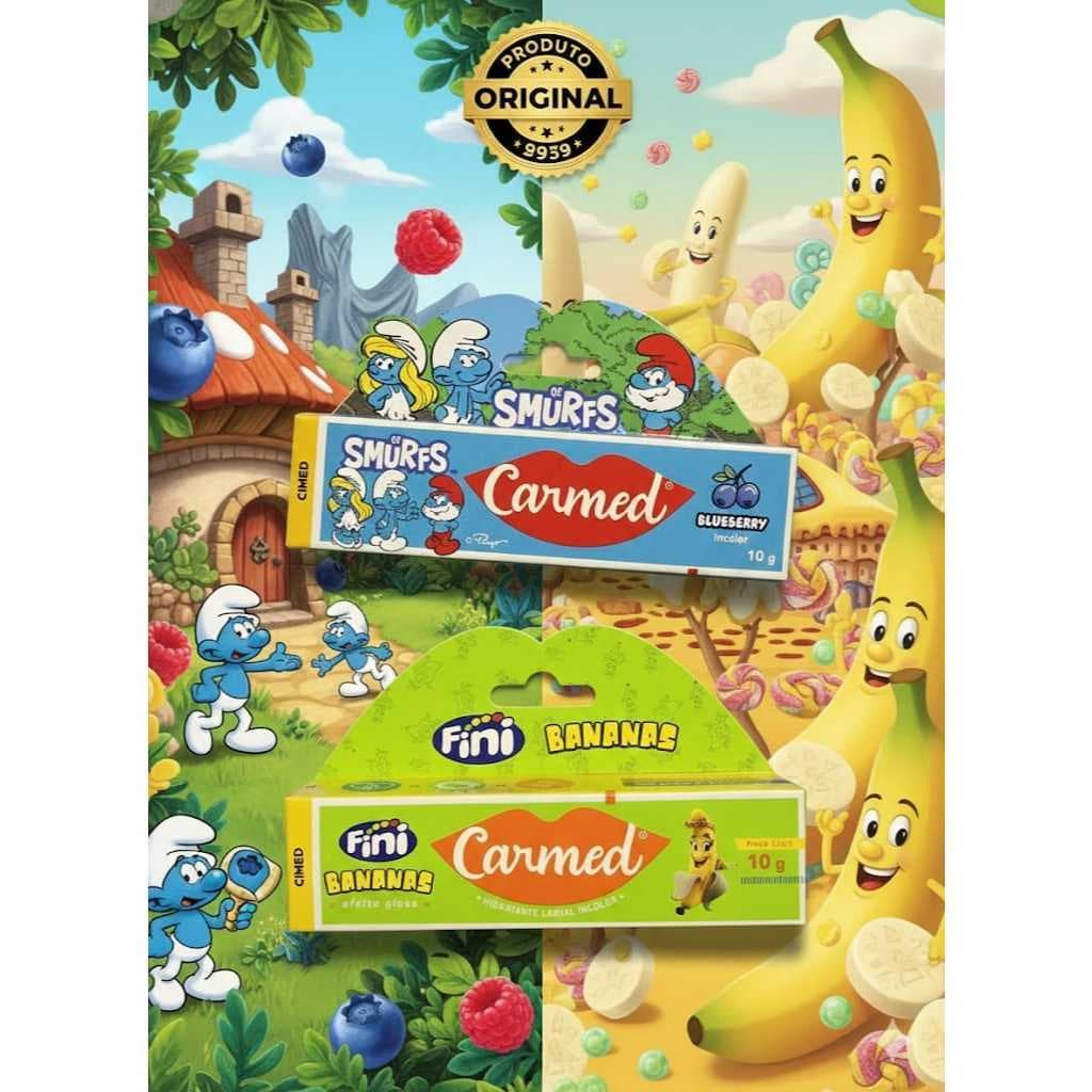 Duplinha de Hidratante Labial Carmed  01Smurf bisnaga surpresa + 01 bananas