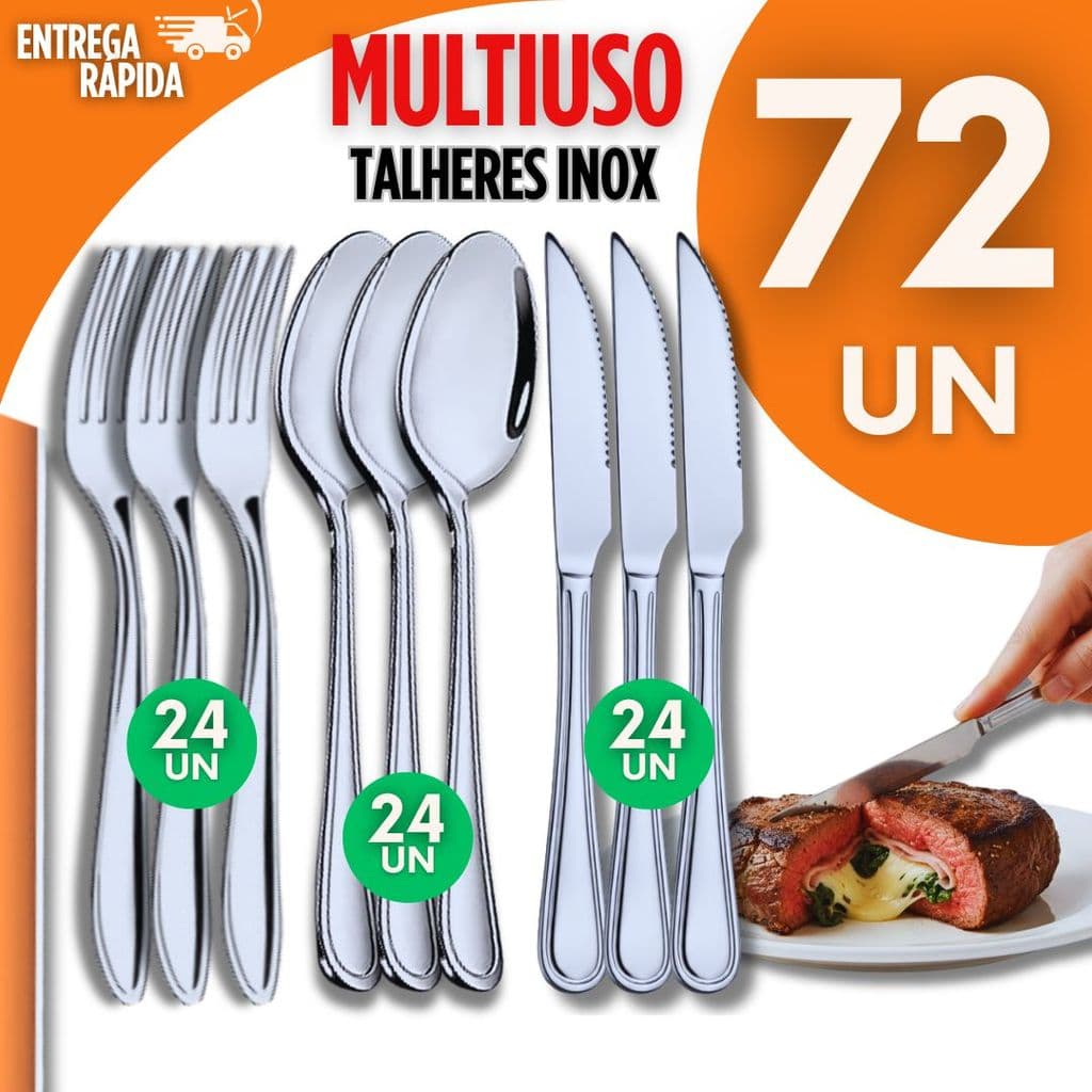 Kit 72 Talheres Inox Resistente  24 facas 24 Garfos 24 Colheres Restaurante Casa  cozinha culinária