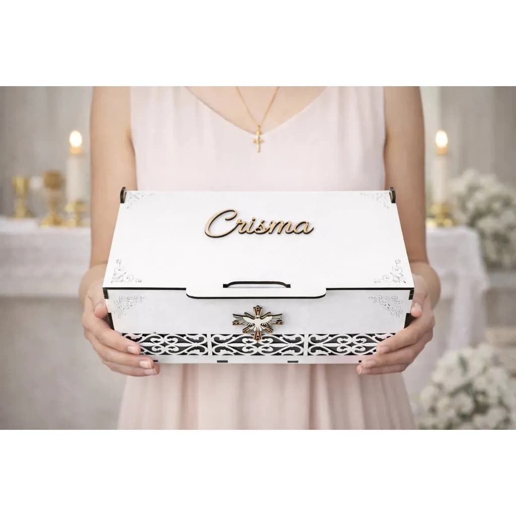 Caixa Crisma MDF Branco Espírito Santo Presente Religioso Madrinha Padrinho