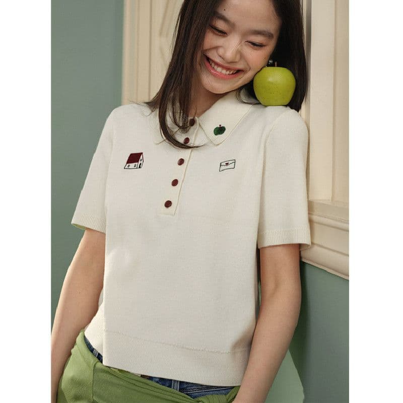 Cor larga de manga curta malhas gola polo pequena camisa Casual lapela meia manga primavera verão feminino curto topo