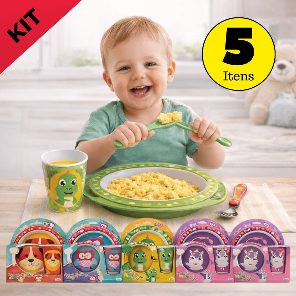 Kit Prato + Tigela + Copo + Talheres Infantil 5 Peças Introdução Alimentar Refeição