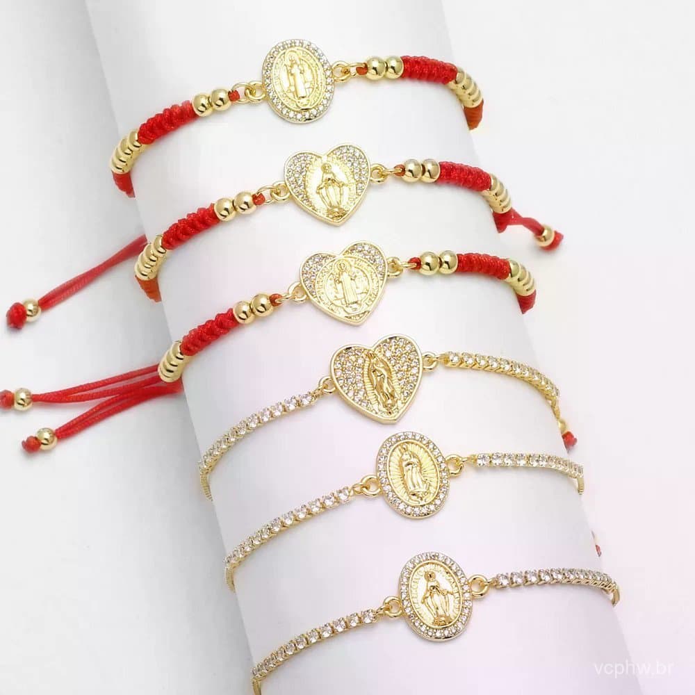 Pulseira de São Bento com Corrente de Corda Vermelha para Mulheres, Joia de Bênção da Virgem Maria Banhada a Ouro brta