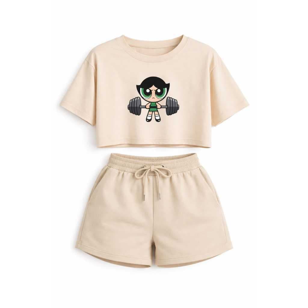 Conjunto Cropped Oversized e short Feminino Blusa Algodão Casual Super Poderosa