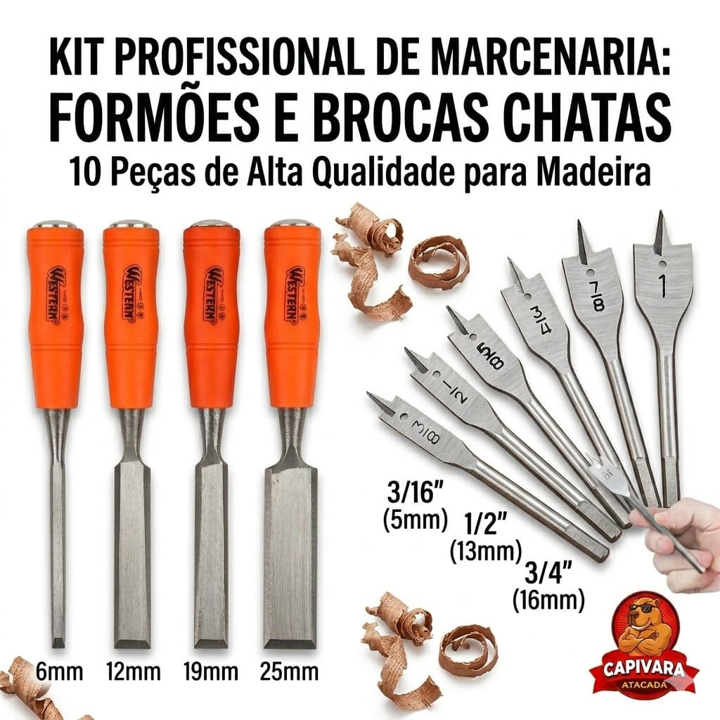 Kit Jogo Formão 4 Peças+ Kit Jogo Brocas Chatas 6 peças Madeira Marceneiro