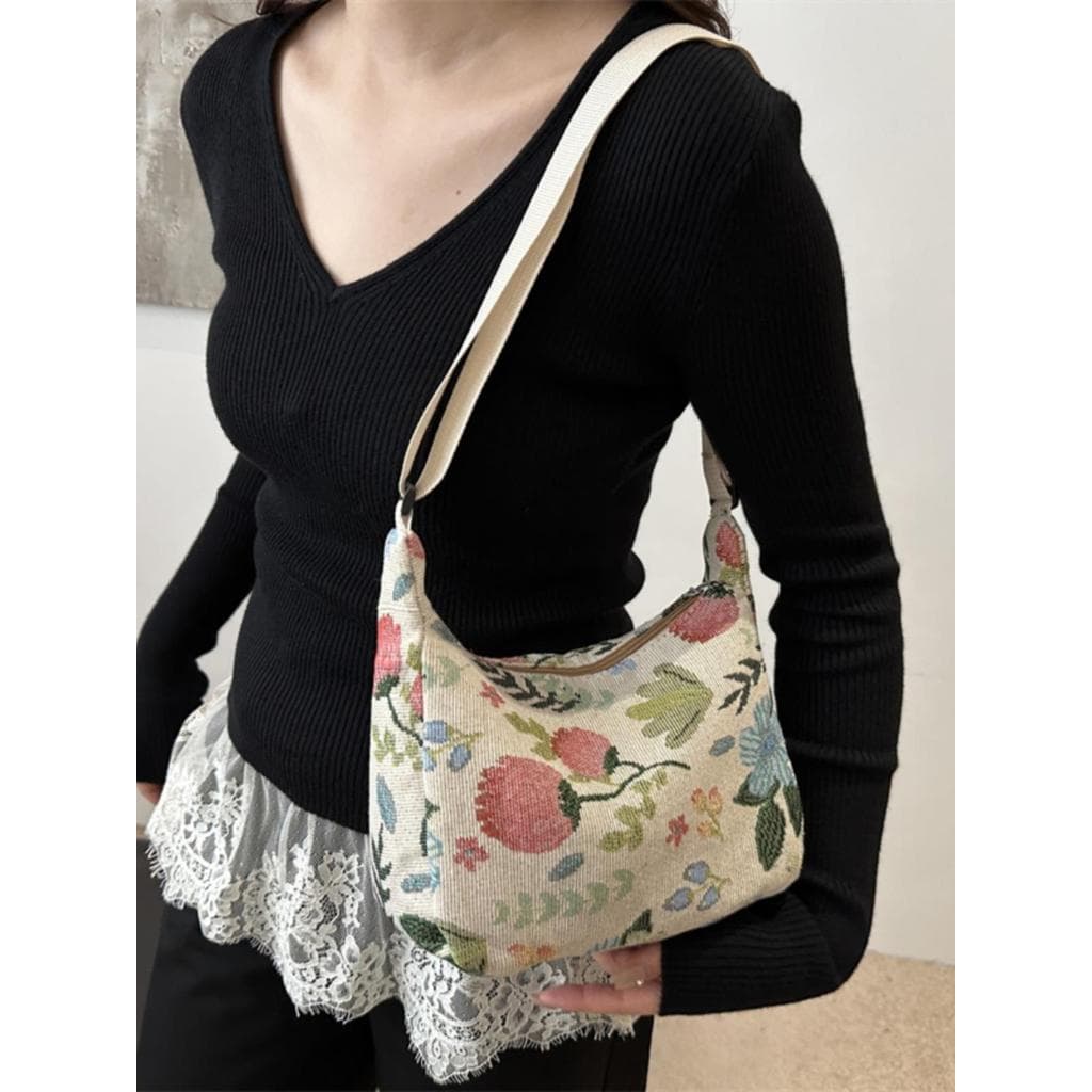 Grande capacidade impresso na moda saco feminino 2024 novo estilo moda costura lona de um ombro axilas saco contraste co