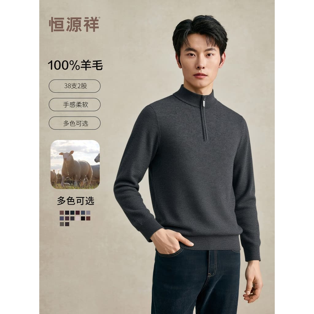 [Lã pura] Hengyuanxiang suéter masculino inverno novo estilo meia gola alta com zíper cor sólida malhas suor engrossado