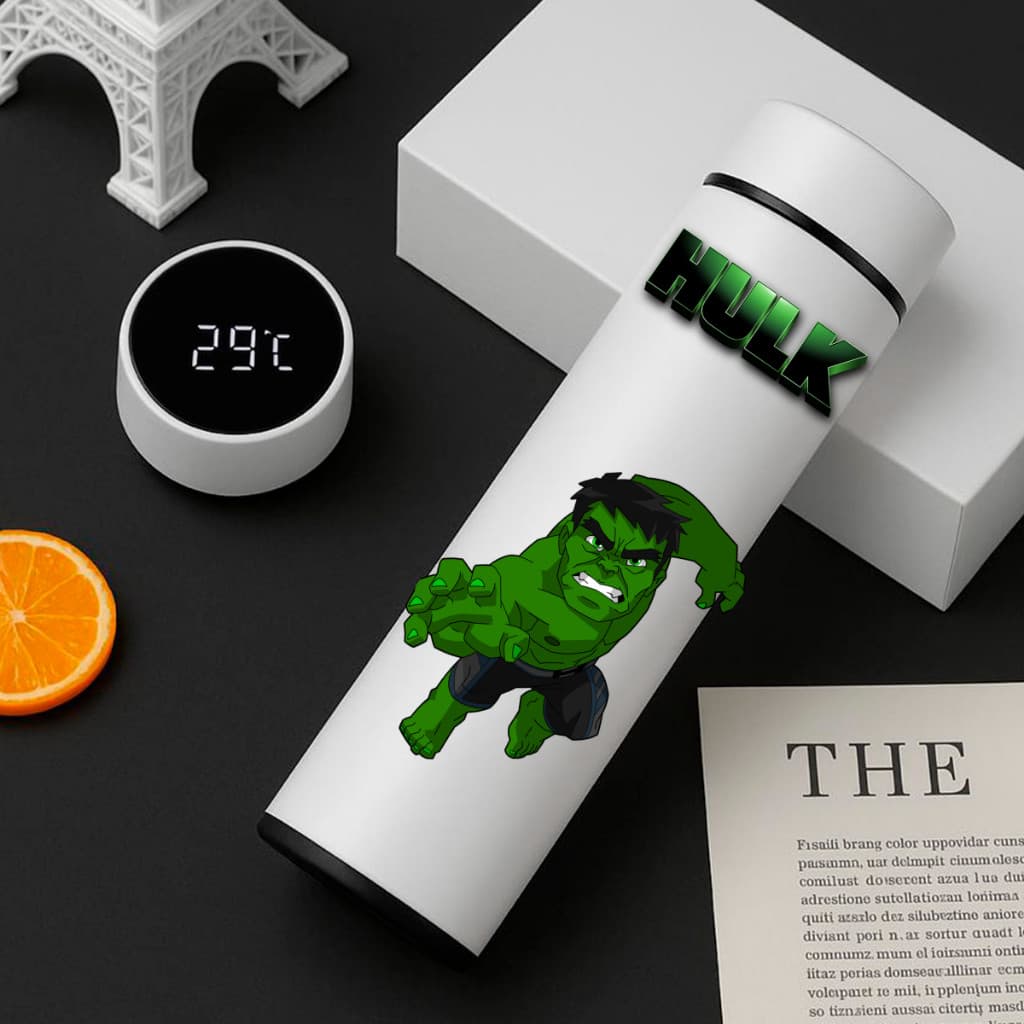 Garrafa Térmica Inox Hulk 500Ml Com Termometro Led Digital Marvel Infantil