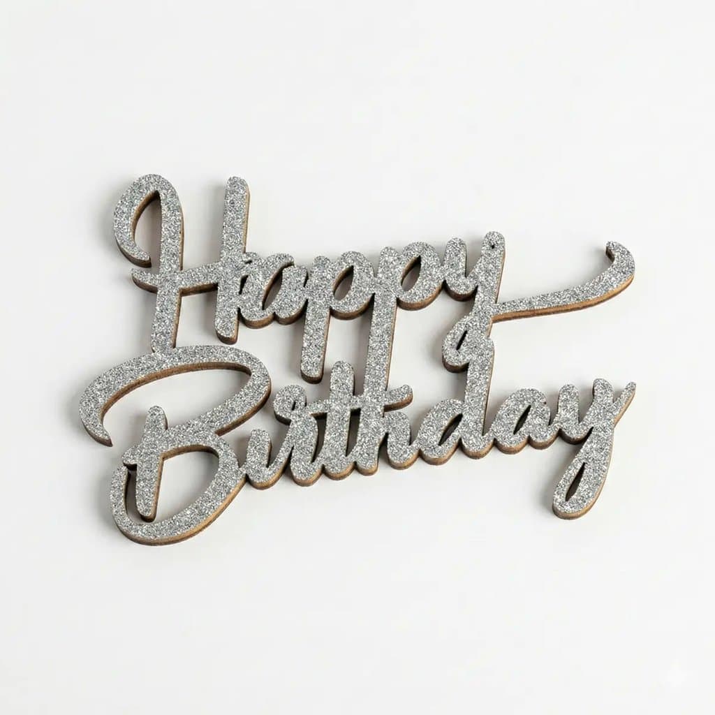 Letreiro Happy Birthday MDF Glitter Prata Decoração Aniversário Luxo Enfeite Festa Painel e Mesa