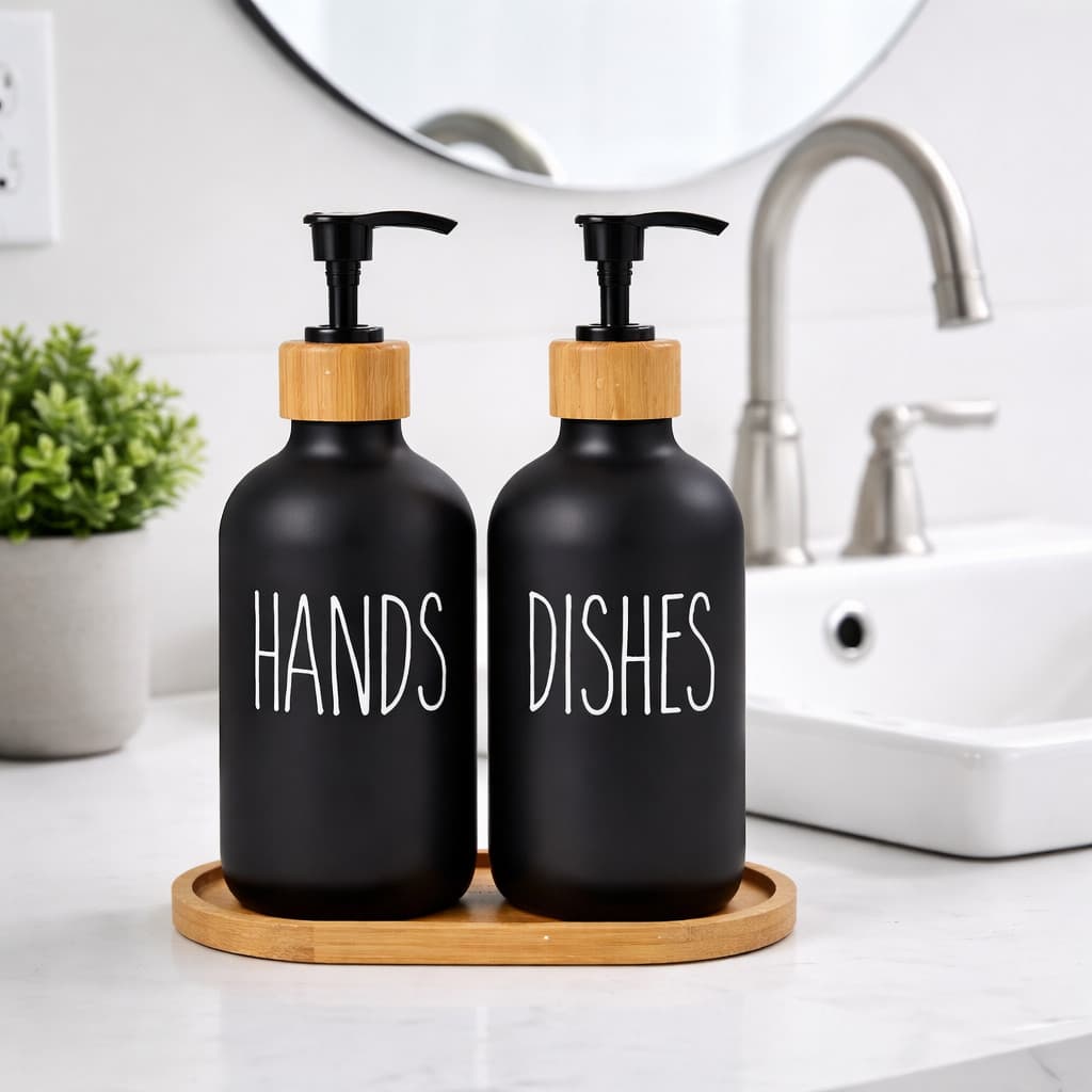 Kit Banheiro Porta Sabonete Líquido 500ml Dispenser Saboneteira Bandeja de Bambu