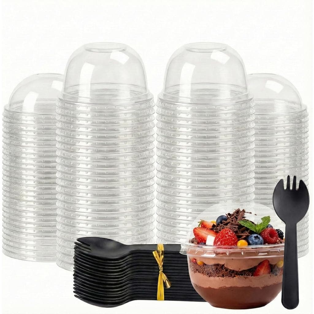 Pacote com 50 Copos de Sobremesa de Plástico de 8,5oz com Tampas em Cúpula e Garfos Pretos - Copos Transparentes para Pa