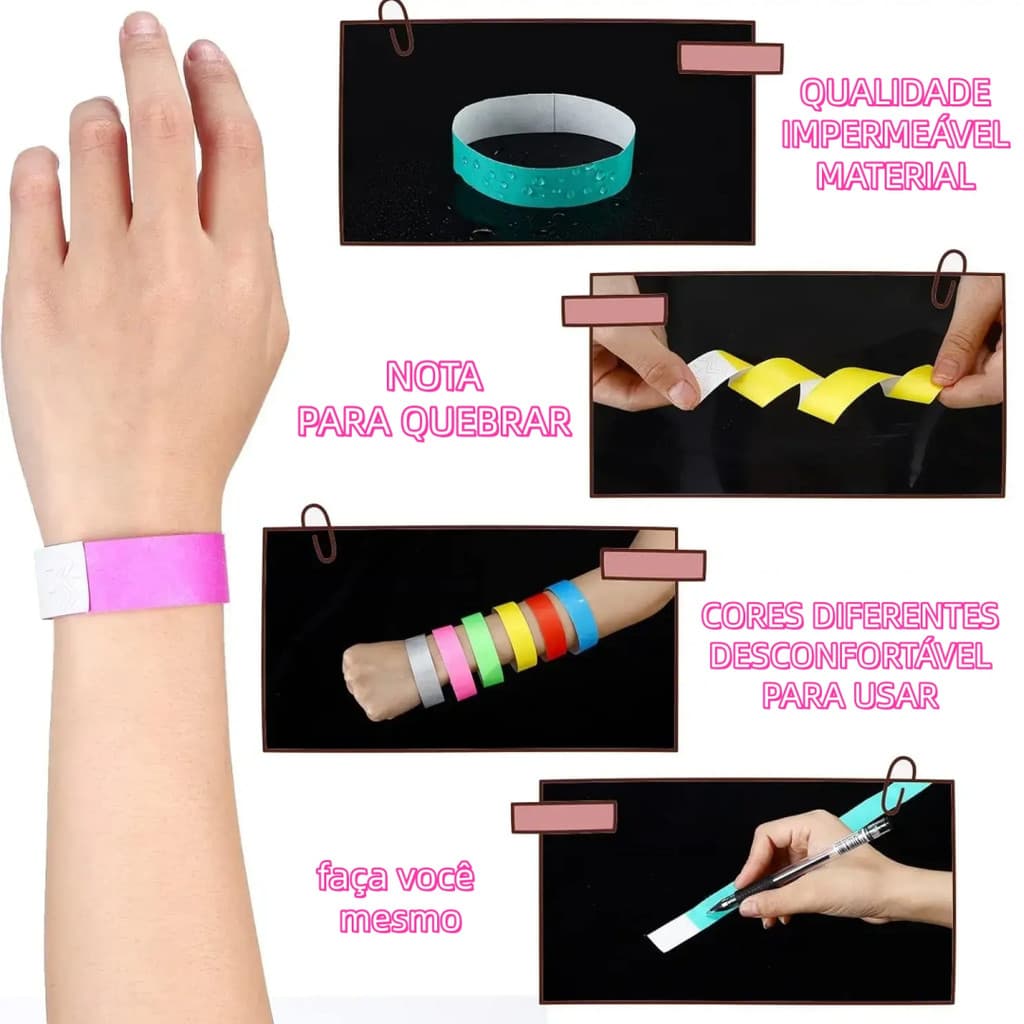 Pulseira de identificação descartável fluorescente multicolorida, papel Dupont para impressão, 25x1.9cm, 100 peças, puls