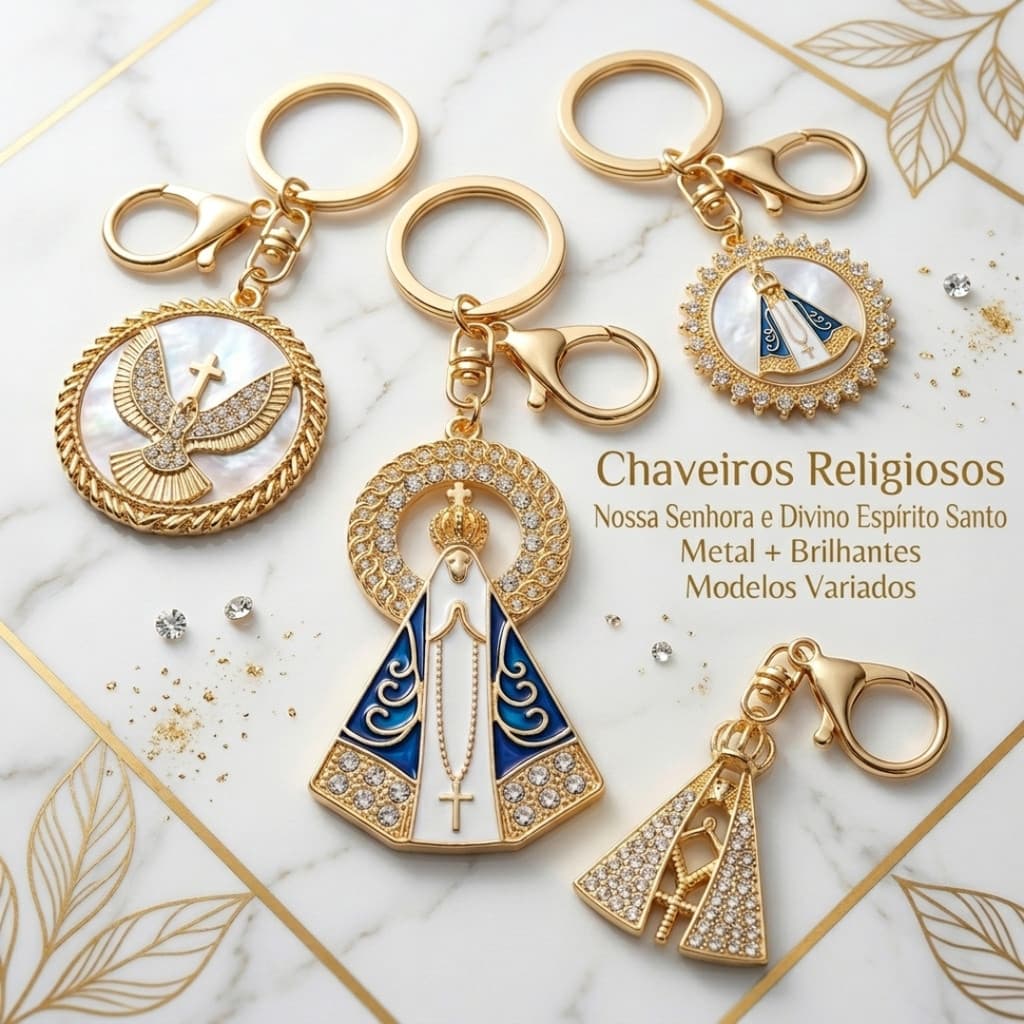 Chaveiro Religioso Nossa Senhora Aparecida e Espírito Santo Dourado com Strass - Enfeite de Bolsa