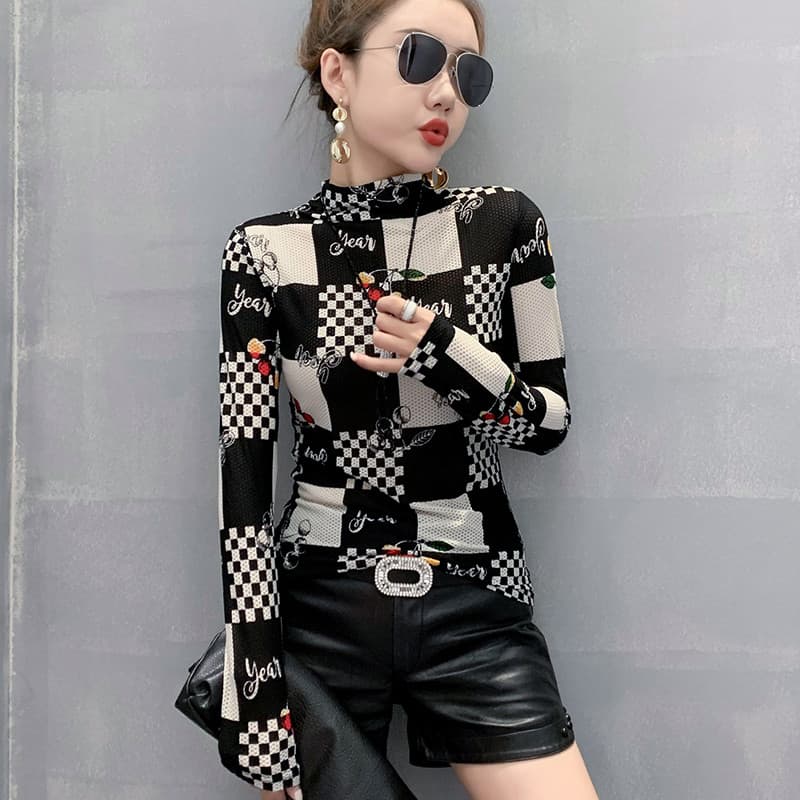 Estação Europeia Outono Novo Estilo Moda Estampada Camiseta de Manga Comprida Feminina Slim-Fit Moda Camisa Pequena Gola