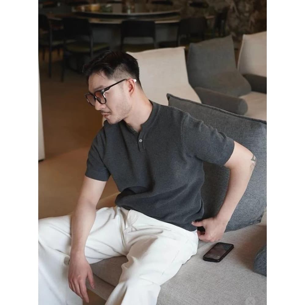 American Waffle Malha Henry Camisa Masculina Mercerizado Algodão Seda Gelo Respirável Slim-fit Moletom de Manga Curta Pl
