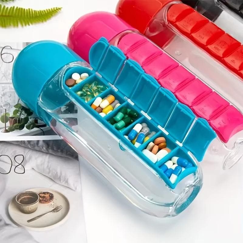 Copo porta-comprimidos para 7 dias, garrafa de água de plástico de 600ml diário, ideal para viagens e caminhadas.