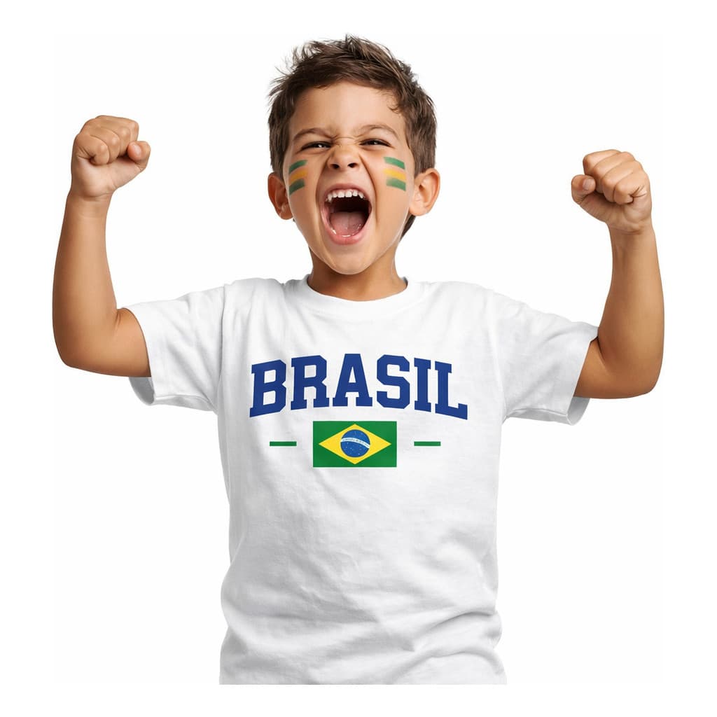 Camiseta Infantil Brasil Copa Do Mundo Branca 100% Algodão