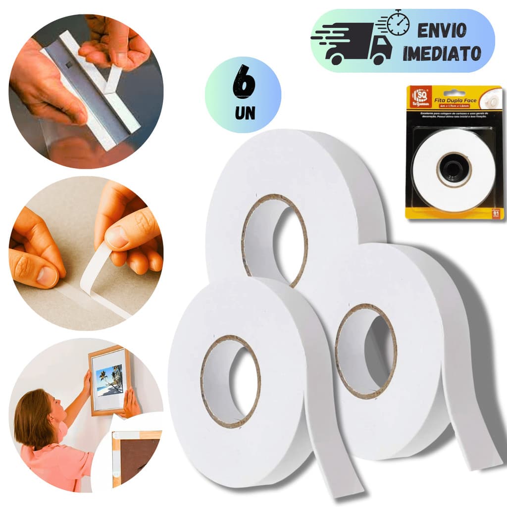 KIT 2 A  6 FITA DUPLA FACE 4M BRANCA PROFISSIONAL RESISTENTE FIXAÇÃO COLA OBRA CARRO DECORAÇÃO GRANDE