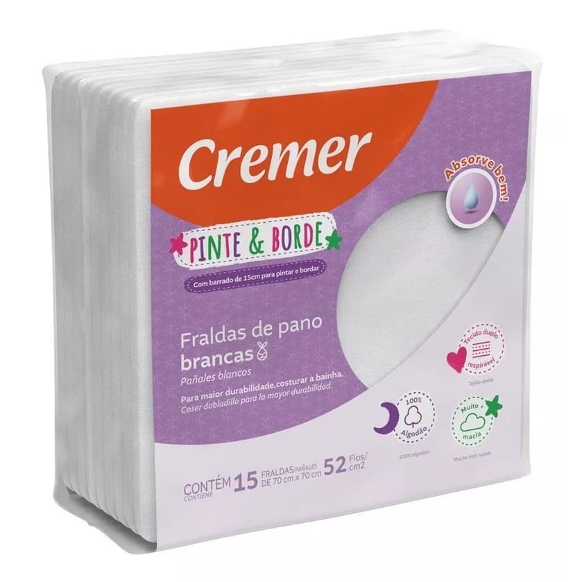 Fralda de Pano Branca Pinte e Borde 15 UN  Cremer
