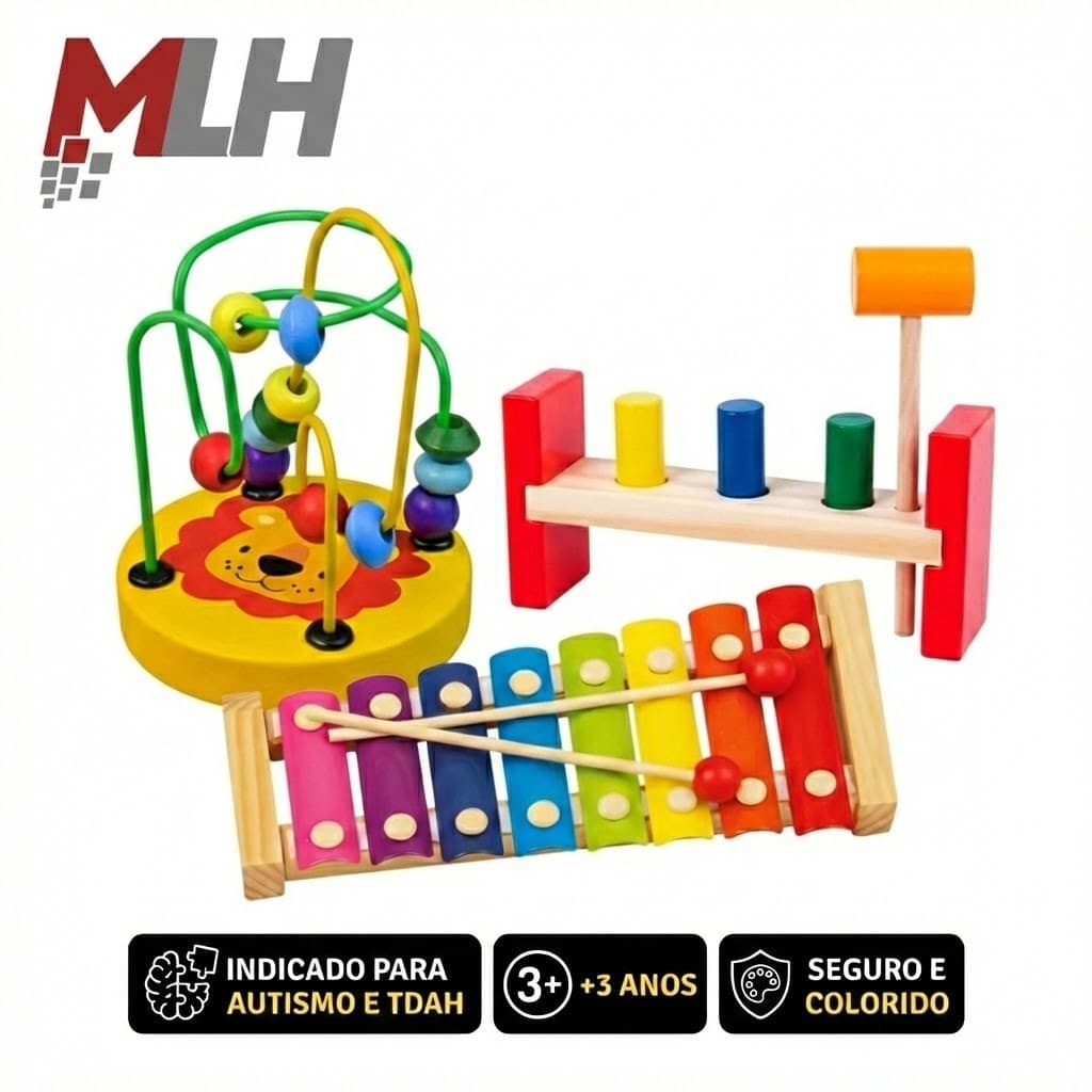 Kit Brinquedos Educativos de Madeira Ark Toys Xilofone Bate Pinos Aramado ou Torre Escolha a Opção