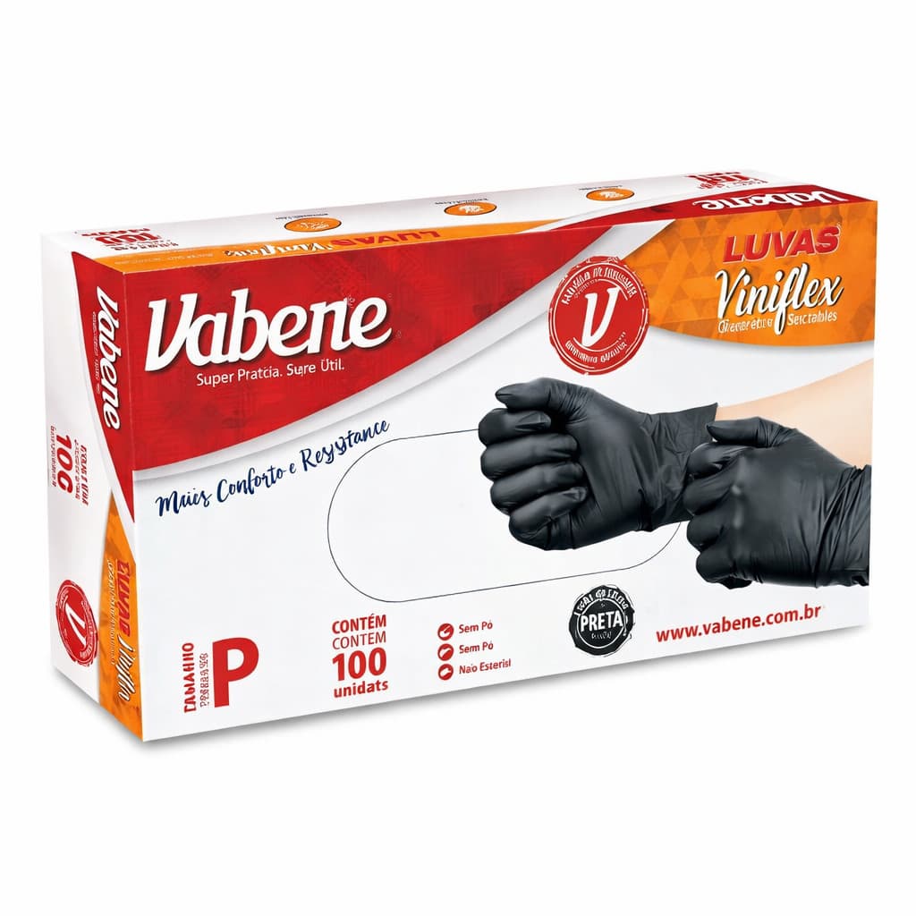 Luva Viniflex Preta Descartável Sem Pó 100 Unidades | Alta Resistência Cuidado Limpeza de Alimentos - Vabene