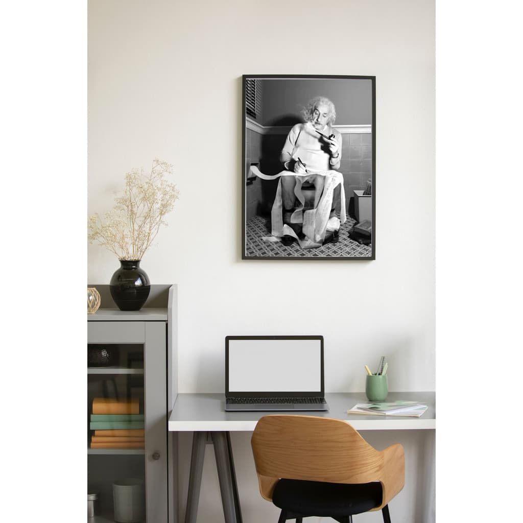 Quadro Albert Einstein No Banheiro Sentado 50x30 Com Moldura Einstein