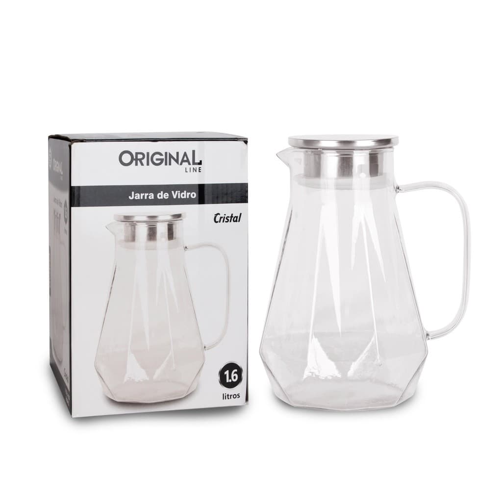 Jarra de Vidro 1,6L Tampa Inox Vedação Borossilicato cristal
